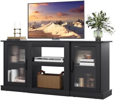 WLIVE Retro TV Stand for 65 inch TV, TV Console Cabinet with Storage, Open Shelves Entertainment Center for Living Room and Bedroom, Black