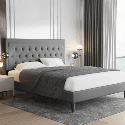 Allewie Queen Size Upholstered Platform Bed Frame with Adjustable Headboard, Button Tufted, Wood Slat Support, Easy Assembly, Light Grey