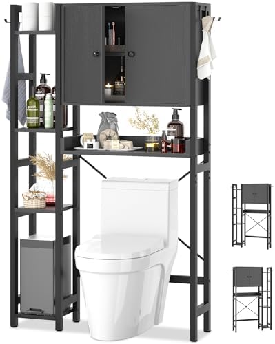 Over The Toilet Storage Cabinet with Doors - 7 Tier Bathroom Organizer with Adjustable Shelf, Freestanding Space Saver Rack Above Toilet Stand with 4 Hooks for Bathroom, Restroom, Laundry, Black