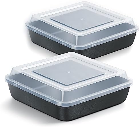 9x9 Inch Square Baking Pan with Lid Set, E-far Nonstick Square Cake Pans Metal Bakeware for Oven Cooking Lasagna Brownies, Stainless Steel Core & Easy Release, 4 Pieces(2 Pans+2 Covers)