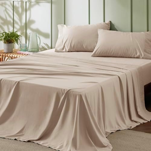 Bedsure Queen Sheet Set - 4 Pieces Soft Queen Size Sheets - Breathable & Cooling - Hotel Luxury - Easy Care Polyester Microfiber Bedding for Women, Men, Light Khaki