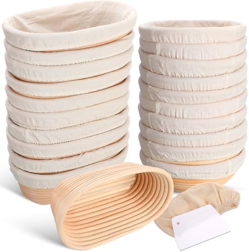 Gejoy 20 Sets Bread Proofing Baskets Bulk Shaped Banneton Dough Proofing Bowls Kit with Cloth Liner and Plastic Scraper Sourdough Proofing Basket for Home Sourdough Bakers (Round, Oval, 9'', 10'')