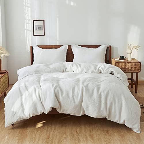 Simple&Opulence 100% Linen Duvet Cover Set 3pcs Basic Style Natural French Washed Flax Solid Color Soft Breathable Farmhouse Bedding with Button Closure - White, Queen