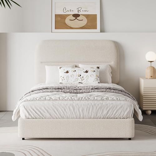 Twin Bed Frames with Headboard, Twin Size Boucle Upholstered Bed Frame for Kids, Soft Rounded Corners, Wooden Slats Support, No Box Spring Required, Easy Assembly, Cream