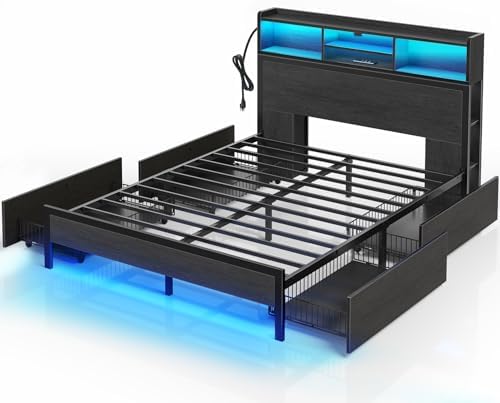 Rolanstar Queen Bed Frame with Storage,4-Drawer Platform Bed with USB Charging Station,Built in LED Lights and Bookcase Headboard,No Box Spring Needed,Easy Assembly,Noise-Free,Black