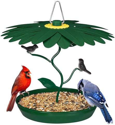 Kingsyard Platform Bird Mealworm Feeder for Outdoor Hanging - Decorative Metal Wild Bird Feeding Tray with Sunflower Dome to Attract Cardinal Bluebird & Finch Green
