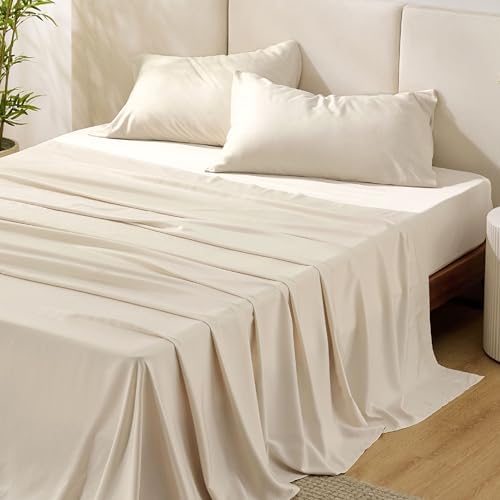 Bedsure California King Sheet Set, Cooling Sheets, Rayon Derived from Bamboo, Breathable & Soft Deep Pocket Up to 16 Inches, Hotel Luxury Silky Bedding, Bedsheet & Pillowcases, Light Beige