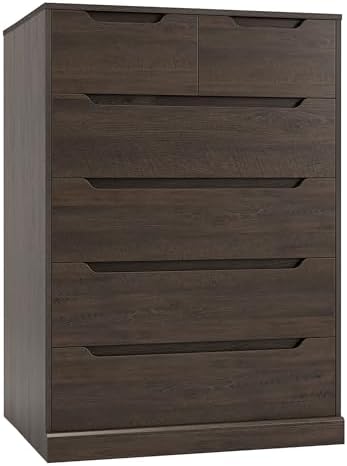 HOSTACK Modern 6 Drawer Dresser for Bedroom, Tall Chest of Drawers with Storage, Large Wood Storage Chest Organizer with Cut-Out Handle, Accent Storage Cabinet for Living Room, Hallway, Dark Brown