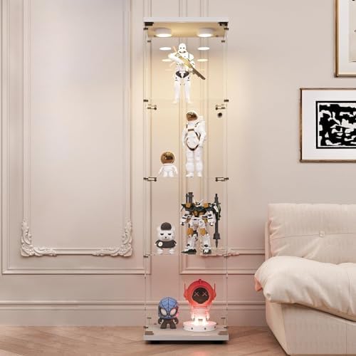LFT HUIMEI2Y Glass Display Cabinet with LED Lights and Lock, 4-Shelf Curio Cabinets with Door, Tempered Glass Collection Display Showcase for Bedroom, Living Room 65â€x 17â€x 14.5†White