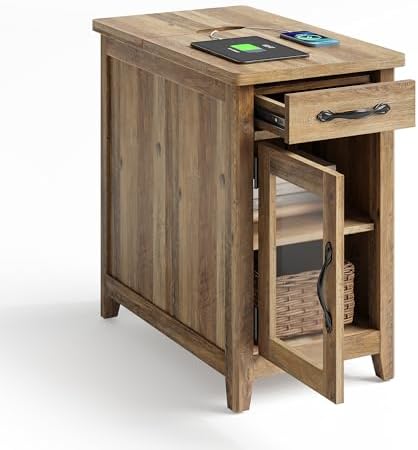 LINSY HOME Farmhouse End Table with Charging Station, Narrow Side Table for Living Room, Sofa Side Table with Drawer and Storage Cabinet, Small Nightstand for Home Office