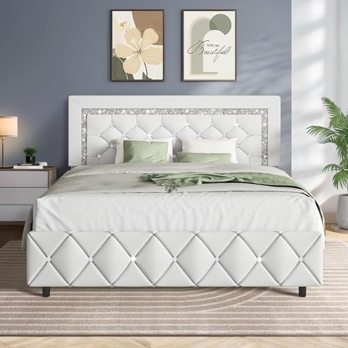 HOMBCK Queen Platform Bed Frame with Upholstered Diamond Headboard, Mattress Foundation with Strong Wooden Slats Support, No Box Spring Needed, Easy Assembly, Pearlized White