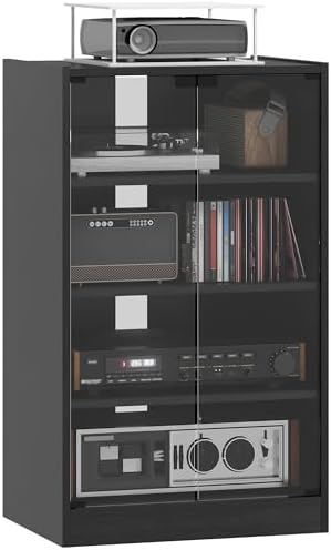 HOMCOM Media Cabinet, 4-Tier Stereo Cabinet, Record Player Stand with Vinyl Record Storage, Adjustable Shelves, Tempered Glass Doors and Cable Management, Distressed Black