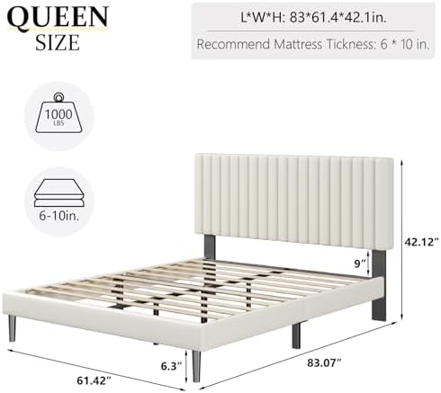 Queen Size Platform Bed Frame with Velvet Upholstered Headboard, Queen Bed Frame with Strong Wood Slats, Box Spring Optional, Mattress Foundation, Easy Assembly Beige