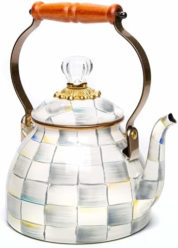 MACKENZIE-CHILDS Enamel Tea Kettle, Stylish Tea Kettle for Stovetop, Grey-and-White Sterling Check, 2 Quarts
