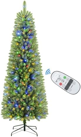 SHareconn 7ft Premium Prelit Artificial Slim Pencil Spruce Christmas Tree with Remote Control, Warm White & Multi-Color Lights, Full Branch Tips, First Choice Decorations for Xmas, 7 FT, Green