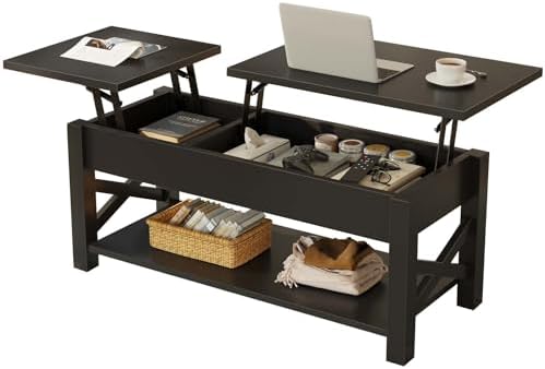 Rolanstar Coffee Table 47.2", 2 Way Lift Top Farmhouse Center Table with Hidden Compartment, Open Shelf & X Wooden Support for Living Room, Black