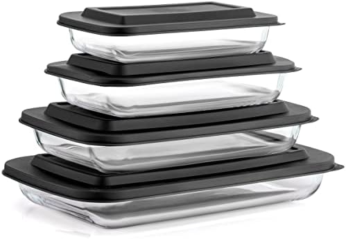 JoyFul by JoyJolt 8pc Glass Bakeware Set. 4x Baking Pan Dishes and 4x Baking Dish Lids for Kitchen Storage, Deep Baking Sheet, Oven Tray, Rectangle Casserole Dish, Lasagna Pans, Cake Baking Sheets