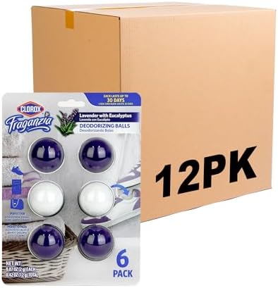 Clorox Fraganzia Deodorizing Balls in Lavender with Eucalyptus, 6pk - No-Plug, Battery-Free Air Freshener for Shoes, Gym Bags, Lockers, Hampers, and Drawers, 6 Air Freshener Units - 12 Pack