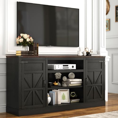 66" Farmhouse TV Stand with Power Outlets for 75 Inch TVs, 33" Tall Entertainment Center with Storage Cabinets w/Adjustable Shelves, Rustic Large TV Media Console for Living Room, Black