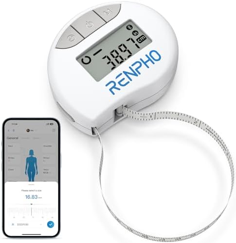 RENPHO Body Measuring Tape, Smart Tape Measure for Weight Loss, Bluetooth Fitness Equipment with App, Measuring Waist, Hip, Bust, Arms, Muscle Gain, Retractable, 60in /150cm, White