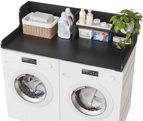 DTK Washer Dryer Wood Countertop with Shelf, Laundry Topper with Non-Slip Mat,27.55" Depth x 54" Width Dryer Covers for The Top with Edge Rails, Black