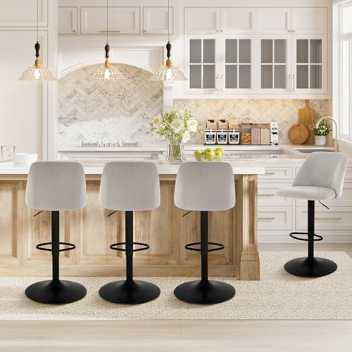 COLAMY Bar Stools Set of 4, Modern Swivel Bar Chairs, Adjustable Upholstered Barstools Counter Height with Full Backrest for Bar, Dining Room, Kitchen Island, Grey