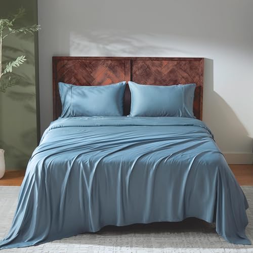GOKOTTA King Size Bed Sheets 4 Piece Set, 100% Rayon Derived from Bamboo, Cooling for Hot Sleepers-Luxury Breathable Soft Sheets, Deep Pocket 16" Fitted Sheet with Elastic Corner Straps, Blue