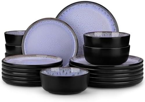 vancasso Plates and Bowls Sets, 18 Pieces Stoneware Dinnerware Sets for 6, Kitchen Dish Set Mircowave and Dishwasher Safe Dinner Set Ceramic Dishware, Light Purple, Series AMBER