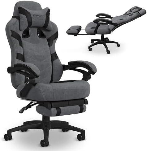 RESPAWN 110 Pro Ergonomic Gaming Chair with Footrest for Adults - Comfortable Office Gaming Recliner with Lumbar Support and Headrest, Racing Style Video Game Chairs for Computer Gamer - Gray Fabric