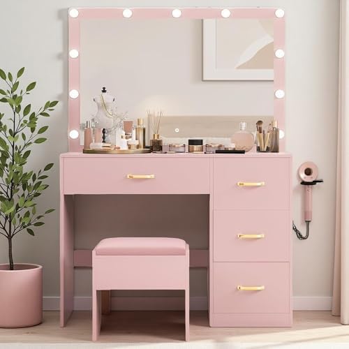 DWVO Vanity Desk with Mirror and LED Lights, Large Makeup Vanity Table Set with Power Outlet & 4 Drawers & Cushioned Stool, Dressing Table with 3 Adjustable Lighting for Dressing Room, Pink