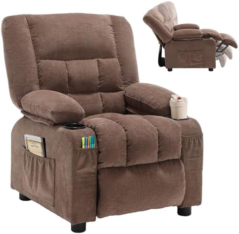 BOSMILLER Kids Recliner Chair, Push Back Toddler Recliner with Cup Holders & Side Pockets, Adjustable Footrest & Headrest Kids Sofa for Boys Girls 3+ Age Group (Light Brown)