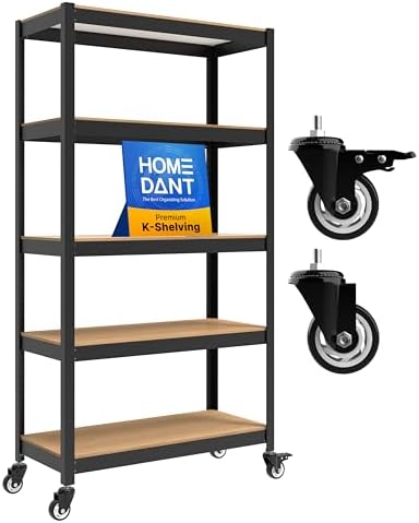 HOMEDANT House 5-Tier Metal Rolling Cart Shelf Rack Casters Heavy Duty Laminated Wheel Shelving Unit Adjustable Utility Storage Shelves Organizer Shelf Kitchen Garage 36.2" W x 16.5" D x 69.5" H 1Pack