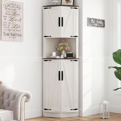 68" Tall Farmhouse Corner Cabinet, Dining Room Storage Cabinet with 4 Barn Doors and 5 Level Storage with Adjustable Shelves, for Kitchen, Living Room, Laundry Room, Rustic White