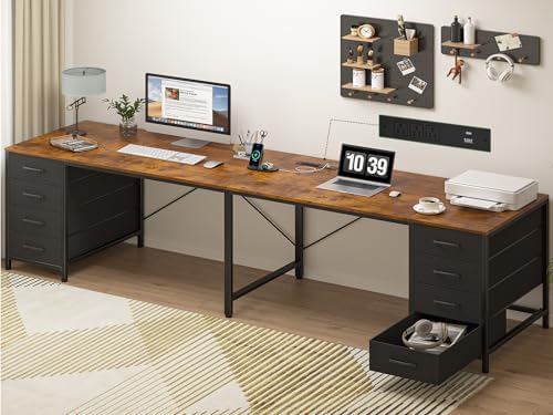 TVU 95" 2 Person Desk with 8 Drawers, Large Writing Home Office Desks with Outlets, I Shaped Workstation Double Desk Drawer Organizers (Rustic)