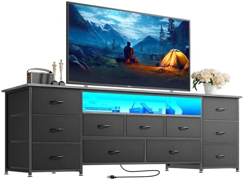 Huuger 63 Inch TV Stand for 65, 70 Inch TV, 11 Drawer Long Dresser with Power Outlets and LED Lights, Entertainment Center with Storage, Grey Dresser with PU Leather Surface