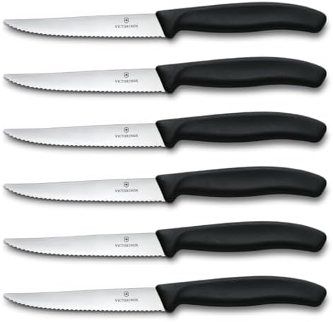 Victorinox 6.7233.6 Swiss Classic Steak Knife Set Ideal for Slicing a Wide Variety of Steak Cuts Serrated Blade in Black, Set of 6
