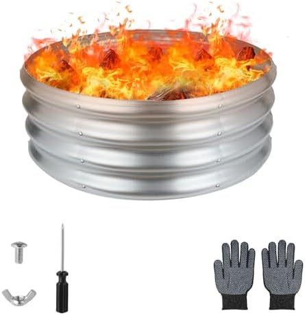 24 Inch Round Galvanized Fire Pit Ring, Silver Round Galvanized Fire Ring, 2 Feet Diameter Fire Pit, Outdoor Pits for Backyard, Camping, Bonfire