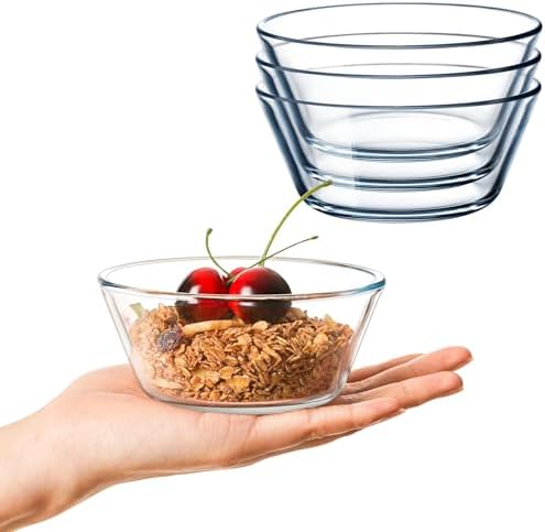 NUTRIUPS Flat Bottom 4.5in Small Clear Glass Bowls Set of 4, 12oz Glass Dessert Bowl Set, 0.4L Small Tempered Glass Sauce Bowls for Kitchen Microwave and Oven Safe