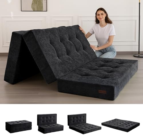 MAXYOYO Tri-Fold Mattress, 6 Inch Tufted Folding Mattress with Chenille Fabric, Portable Queen Size Floor Guest Mat for Adults, Foldable Topper for Camping, Black