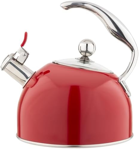 Viking 3-Ply Stainless Steel Tea Kettle, 2.6 Quart Stovetop Hot Water Pot with Tempered Glass Lid, Ergonomic Handle, Induction Ready, Red