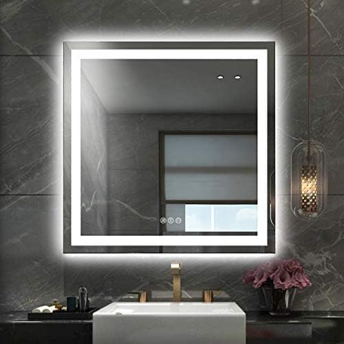Amorho LED Bathroom Mirror 36"x 36" with Front and Backlight, Stepless Dimmable Wall Mirrors with Anti-Fog, Shatter-Proof, Memory, 3 Colors, Double LED Vanity Mirror