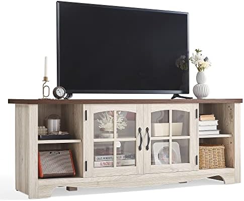 LINSY HOME Farmhouse TV Stand for 65 Inch TV, Wood Entertainment Center with Glass Door Storage Cabinet & Adjustable Shelves, Large Sturdy TV Console Table for Living Room Bedroom