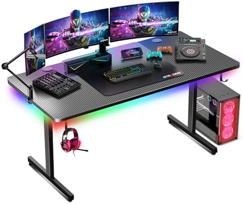 GTRACING Gaming Desk 55 Inch with LED Lights, Large Computer Desk with Mouse Pad for Home Office, T-Shaped Carbon Fibre Surface PC Game Workstations with Headphone Hook Light Black