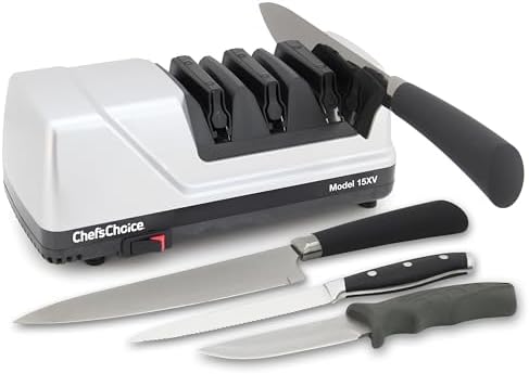 ChefβsChoice 15XV EdgeSelect Professional Electric Knife Sharpener with 100-Percent Diamond Abrasives and Precision Angle Guides for Straight Edge and Serrated Knives, 3-Stage, Gray