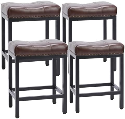 Sweetcrispy Bar Stools Set of 4, 24 Inch Counter Height Stools, PU Leather Upholstered Bar Chairs with Footrest, Modern Bar Stools for Kitchen Island, Dining, Living Room, Brown