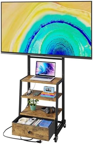 Rolling TV Stand with Wheels and Mount & Fabric Drawer for 32-75" TV - Entertainment Center with Power Outlet and Small TV Stand for Bedroom, Living Room - 18" Rustic Brown (VESA 600mm × 400mm)
