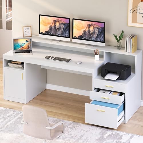 Computer Desk with 3 Drawer & Storage Shelves, Home Office Desk with File Drawer & Cabinet, Writing Study Table with Long Monitor Stand & Printer Shelf, Executive Desk, White