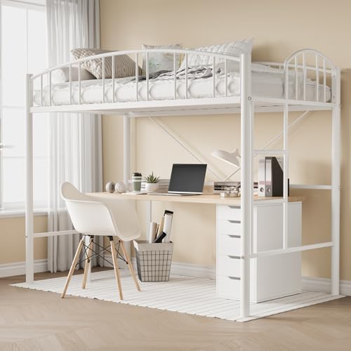 Garvee Loft Bed Twin Size with Ladde and Arched Guardrail, Heavy Duty Metal Loft Bed Frame for Kids and Adults, Sturdy Steel Slats Support, Small Space Saving Design, No Box Spring Needed, White