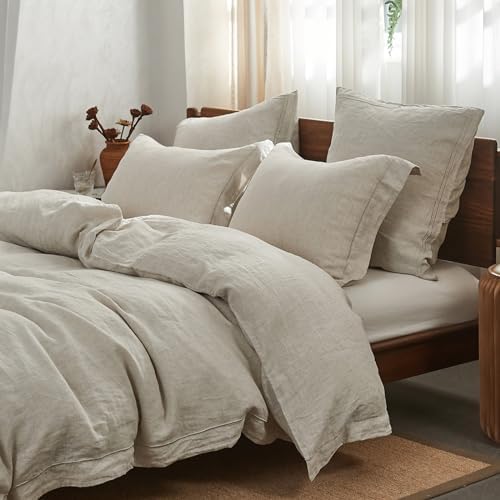 Simple&Opulence 100% Washed Linen Duvet Cover Set with Embroidered,3 Pieces Soft Farmhouse Comforter Set with Button Closure,1 Duvet Cover and 2 Pillowshams(King,Natural Linen)