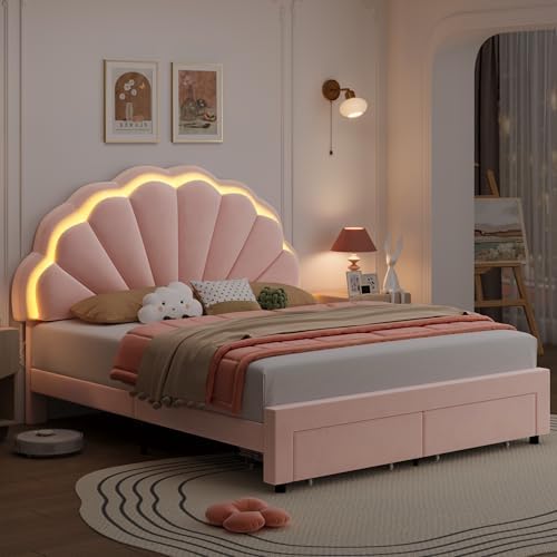 HIFIT Full Size Upholstered Smart LED Bed Frame with 2 Storage Drawers and Adjustable Chic Double Petal Headboard, Princess Platform Bed for Girls, Solid Wood Slats Support/No Box Spring Needed, Pink